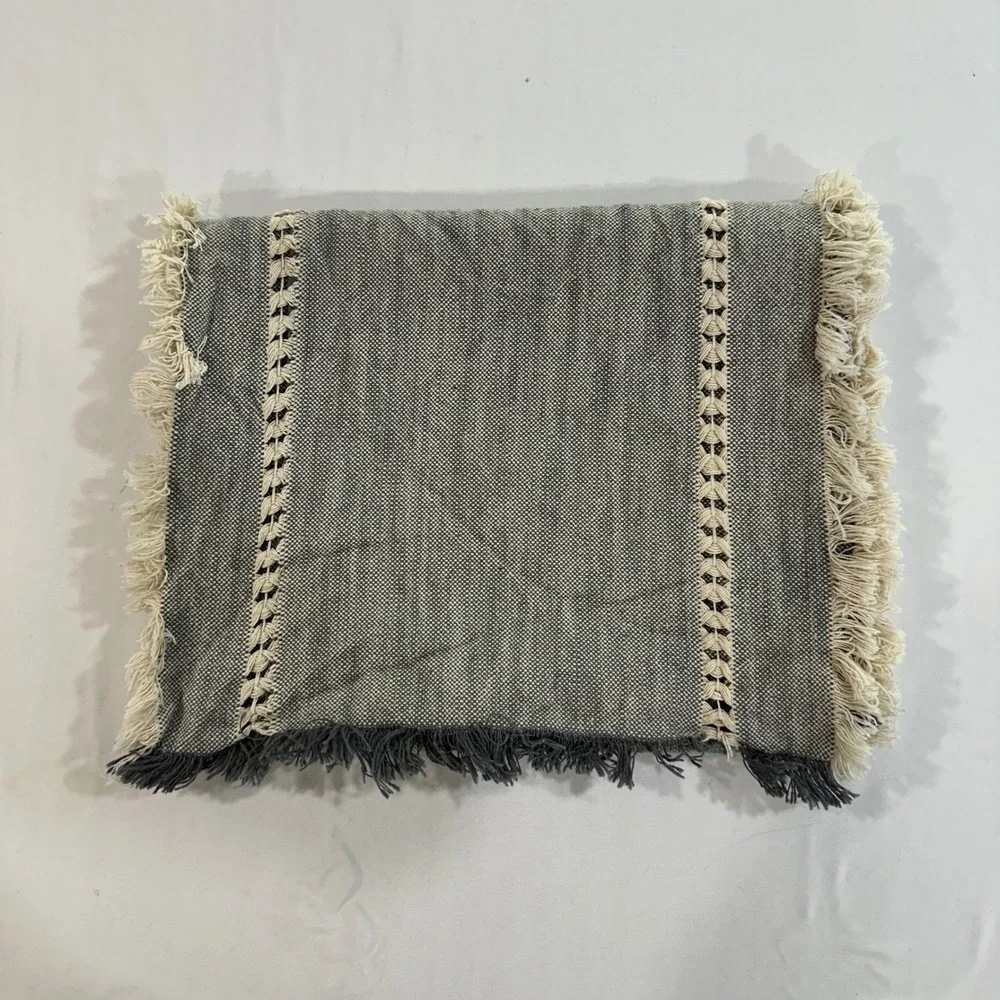 Table Runner Gray Cotton Macrame Lace Fringe Boho Farmhouse 91x13 Gray